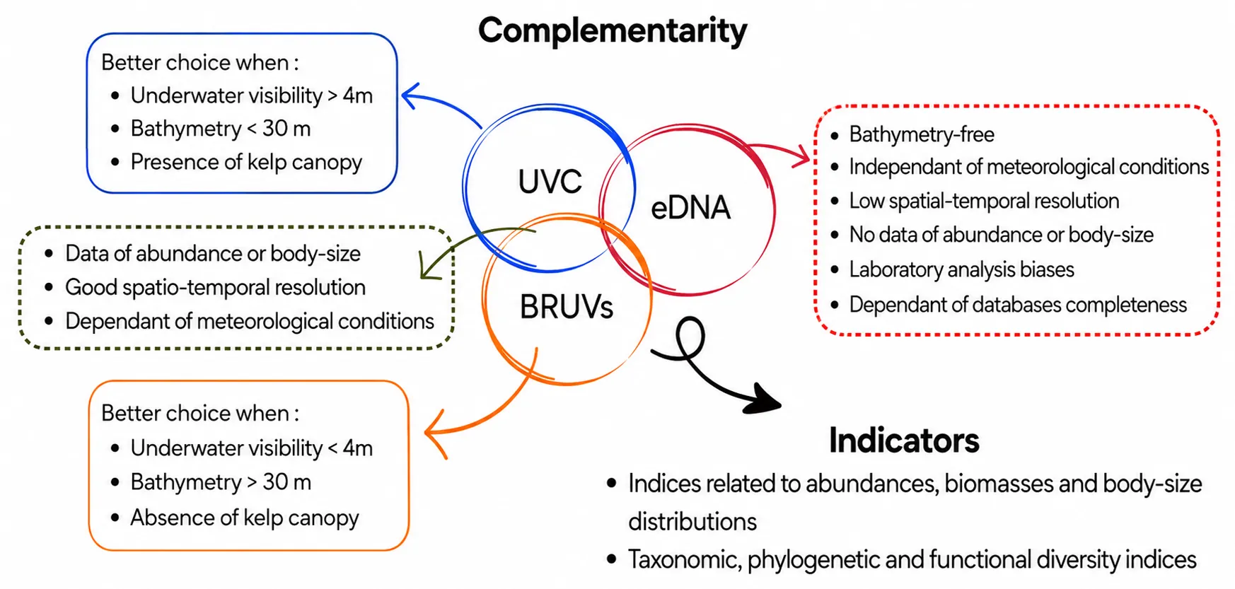 Complementarity between the three monitoring methods tested in the EuRockFish Pilot: underwater visual census, baited remote underwater video and environmental DNA